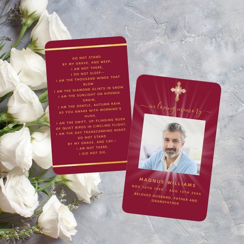 Burgundy light photo cross funeral prayer card