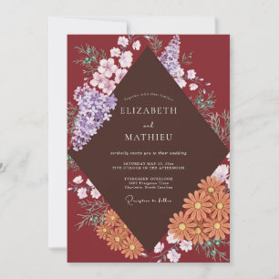 Burgundy Lilac Daisy Eucalyptus Wedding Invitation