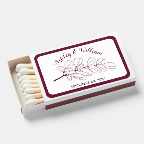 Burgundy line art branch and leaves wedding matchboxes