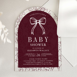 Burgundy Line Art Coquette Bow Baby Shower Acrylic Invitations