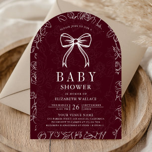 Burgundy Line Art Coquette Bow Baby Shower Invitation