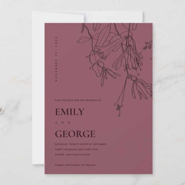 BURGUNDY LINE DRAWING FLORAL SAVE THE DATE CARD (Front)