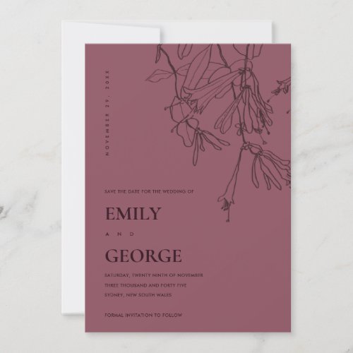 BURGUNDY LINE DRAWING FLORAL SAVE THE DATE CARD
