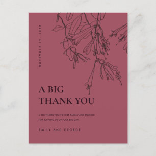 BURGUNDY LINE DRAWING FLORAL WEDDING THANK YOU ANNOUNCEMENT POSTCARD