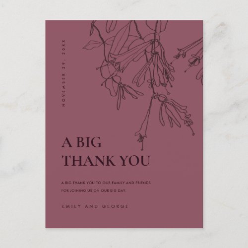 BURGUNDY LINE DRAWING FLORAL WEDDING THANK YOU ANNOUNCEMENT POSTCARD