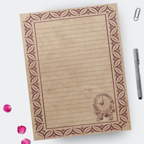 Burgundy Lines Border with Clock on Rustic Texture Notepad