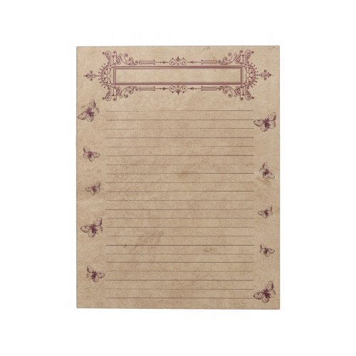 Burgundy Lines Butterfly Border Rustic Parchment Notepad