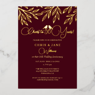 Burgundy Love Birds 50th Wedding Anniversary Foil Invitation