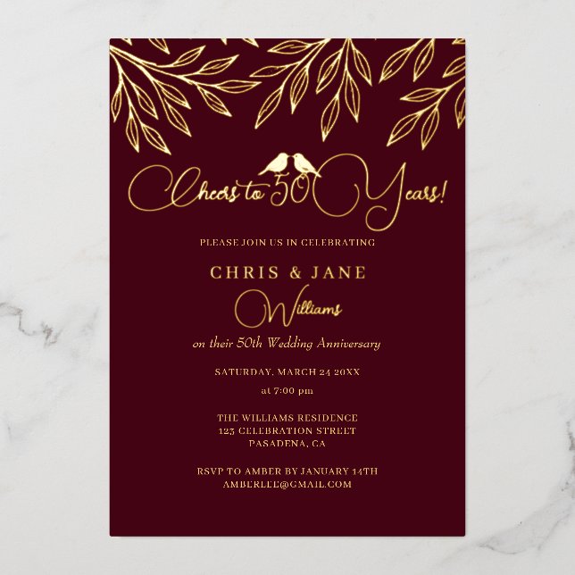 Burgundy Love Birds 50th Wedding Anniversary  Foil Invitation (Front)