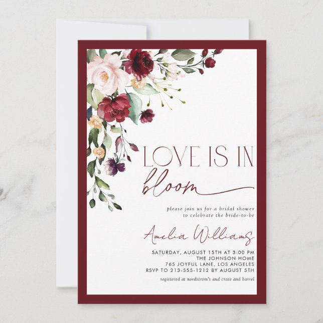 Burgundy Love is in Bloom Floral Watercolor Invitation (Front)