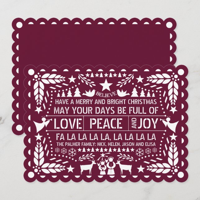 Burgundy Love Peace Joy papel picado Christmas Holiday Card (Front/Back)