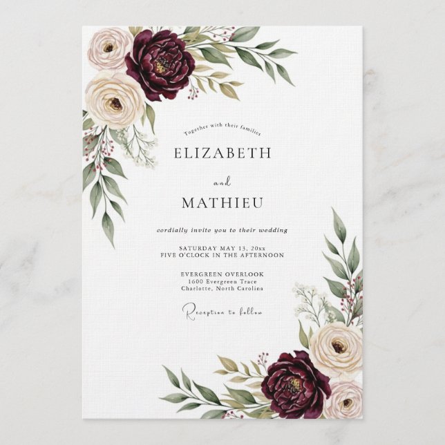 Burgundy Lush Bloom Wedding Invitation (Front)
