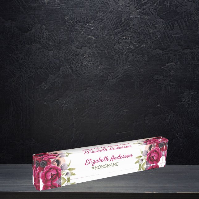 Burgundy lush florals white bossbabe name desk name plate (Creator Uploaded)