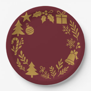 Burgundy Luxurious Gold Wreath Classic Christmas  Paper Plates
