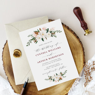 burgundy magnolia floral wedding invitation