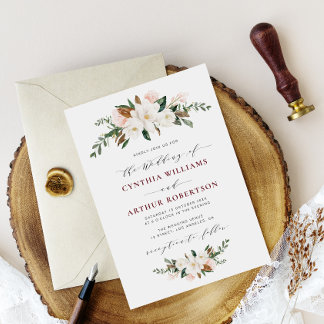 burgundy magnolia floral wedding invitation