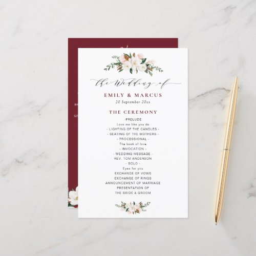 burgundy magnolia floral wedding program