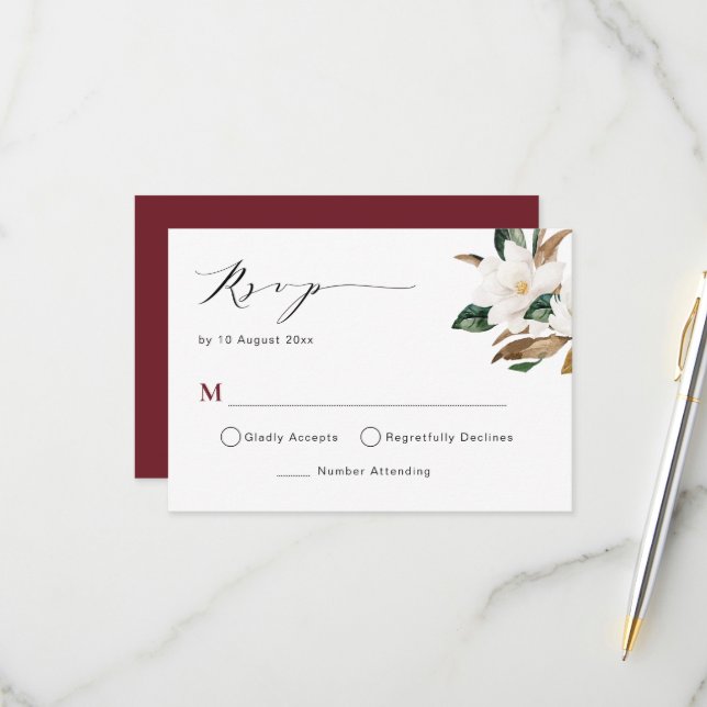 burgundy magnolia floral wedding RSVP card (Front/Back In Situ)