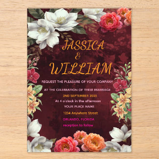 Burgundy & Magnolia Garden Floral Wedding Invitati Acrylic Invitations