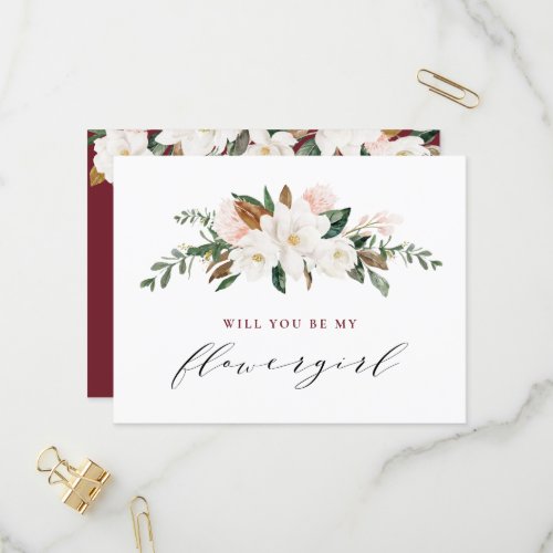 burgundy magnolia will you be my flowergirl card