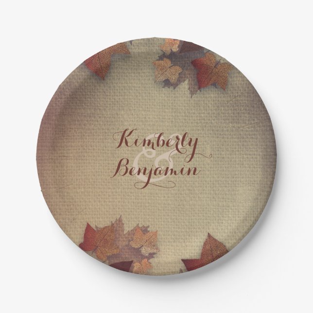 Burgundy Maple Leaves and Rustic Burlap Fall Paper Plates (Front)