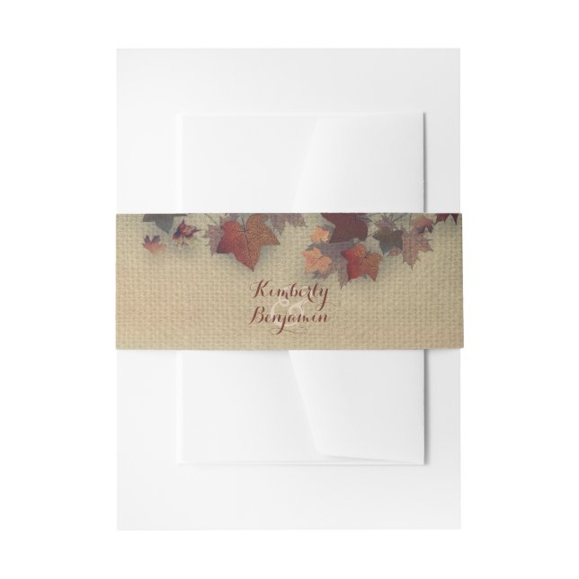 Burgundy Maple Leaves Rustic Burlap Fall Wedding Invitation Belly Band (Front Example)