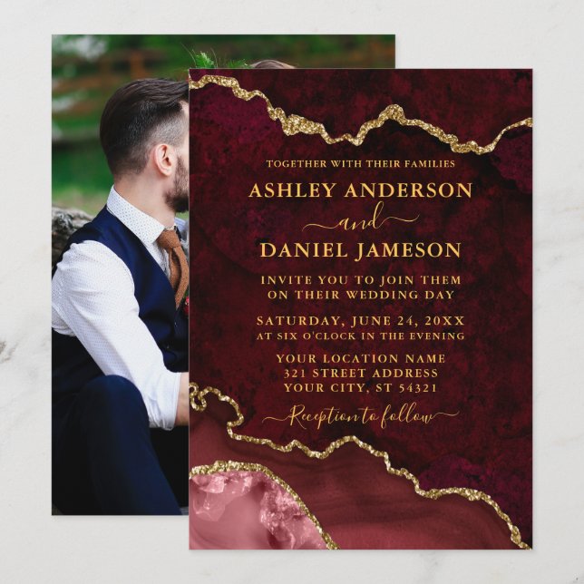 Burgundy Marble Agate Geode Photo Wedding Gold Invitation (Front/Back)