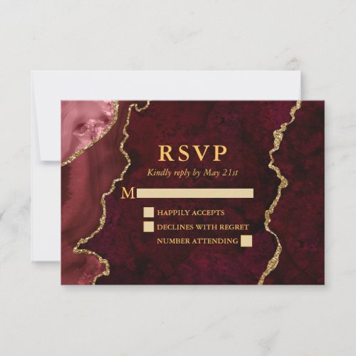 Burgundy Marble Agate Geode Wedding Gold RSVP Card