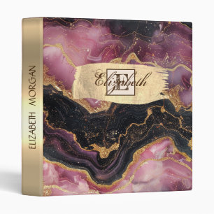 Burgundy Marble,Gold Brush Stroke, Monogram 3 Ring Binder
