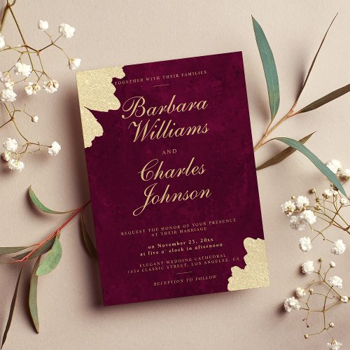 Burgundy marble gold glitter brushstroke wedding invitation