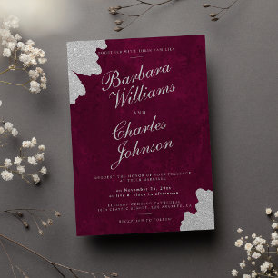 Burgundy marble silver glitter brushstroke wedding invitation