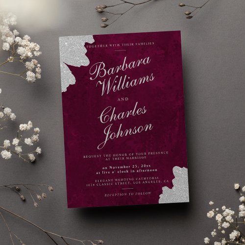 Burgundy marble silver glitter brushstroke wedding invitation