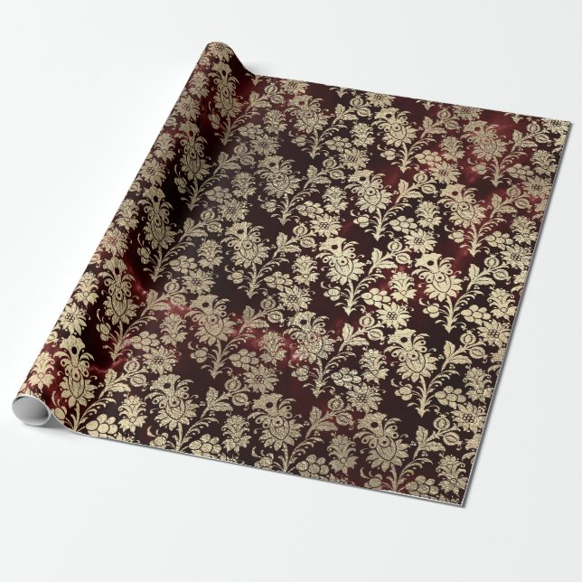 Burgundy Marble Sparkly Black Floral Gold Faux Wrapping Paper (Unrolled)