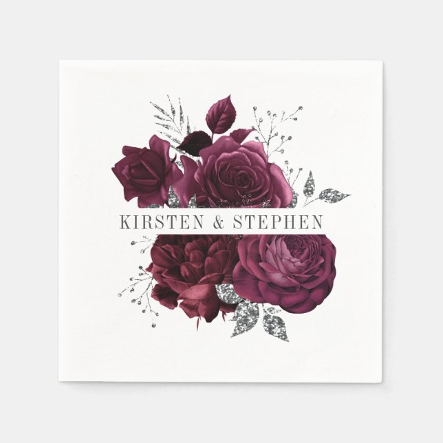 Burgundy Maroon and Silver Floral Wedding Cocktail Napkins (Front)