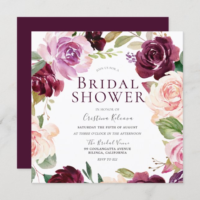 Burgundy Maroon Blush Floral Wreath Bridal Shower Invitation (Front/Back)