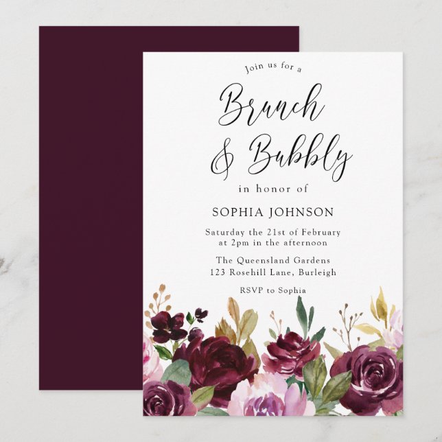 Burgundy Maroon Brunch & Bubbly Bridal Shower Invitation (Front/Back)