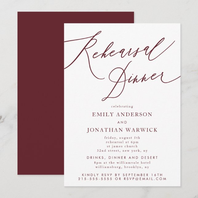 Burgundy Maroon Calligraphy Wedding Rehearsal Invitation (Front/Back)