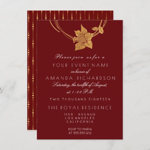 Burgundy Maroon Champaign Gold Floral Event Red Invitation