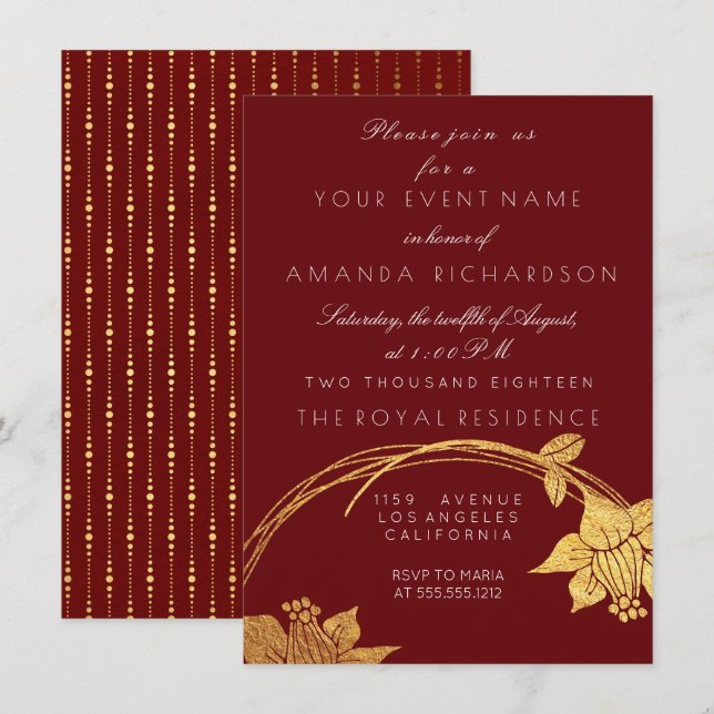 Burgundy Maroon Champaign Gold Floral Red Invitation (Front/Back)