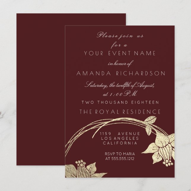 Burgundy Maroon Champaign Gold Floral Wreath Invitation (Front/Back)