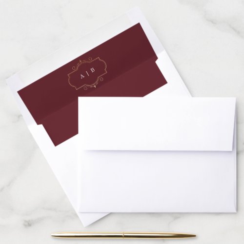 burgundy maroon classic gold monogram wedding envelope liner