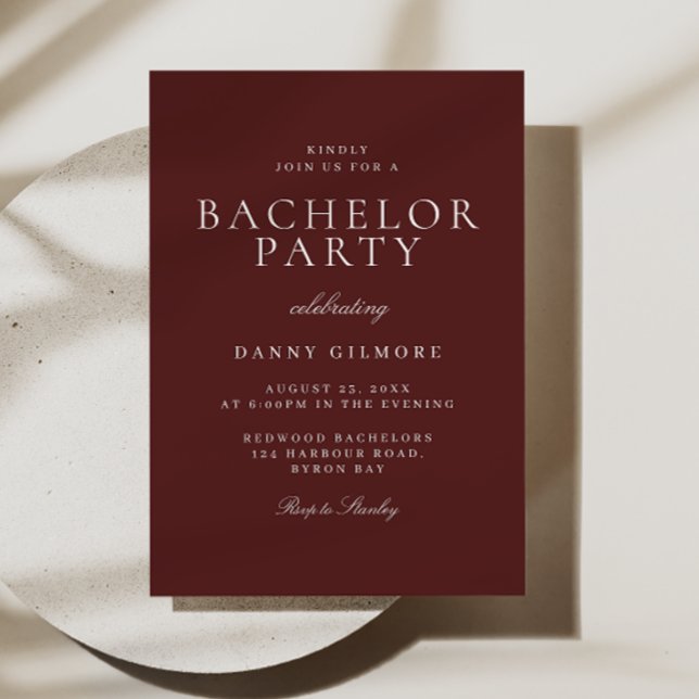 Burgundy Maroon Classic Modern Bachelor Party Invitation (Creator Uploaded)