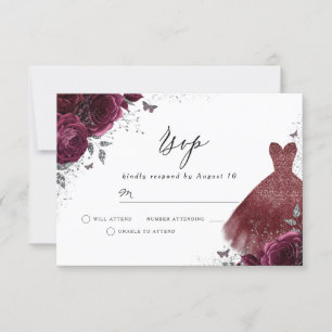Burgundy Maroon Dress & Flowers Birthday Bridal RSVP Card
