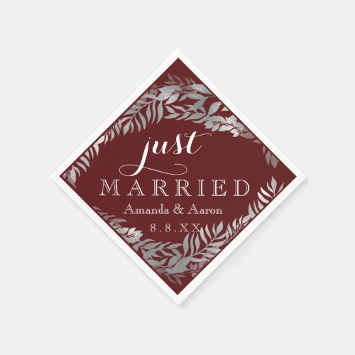 Burgundy Maroon Floral Gray Just Married Napkins