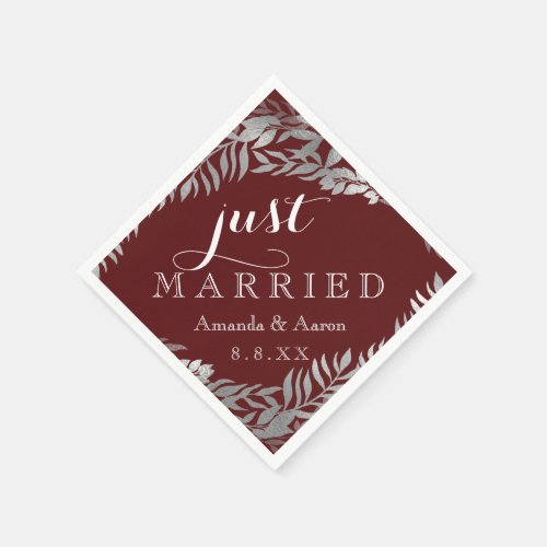 Burgundy Maroon Floral Gray Just Married Napkins