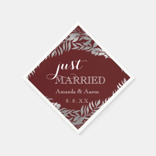 Burgundy Maroon Floral Gray Just Married Napkins