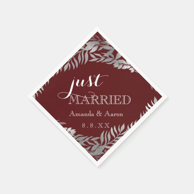 Burgundy Maroon Floral Gray Just Married Napkins (Corner)