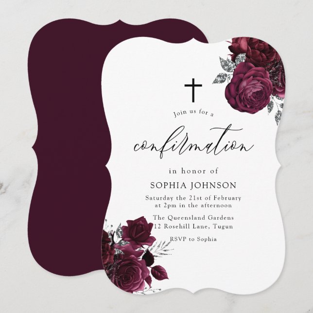 Burgundy Maroon Floral Silver Leaf Confirmation In Invitation (Front/Back)