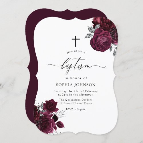 Burgundy Maroon Floral Silver Leaf Cross Baptism Invitation