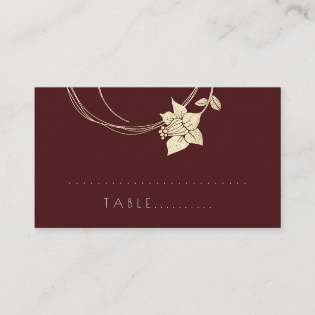Burgundy Maroon Flower Gold Botanical Table Card (Front)